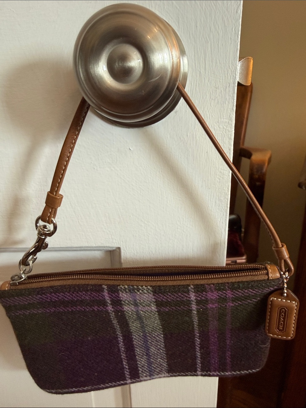 Coach Plaid Wool Wristlet in Purple and Brown Leather Trim